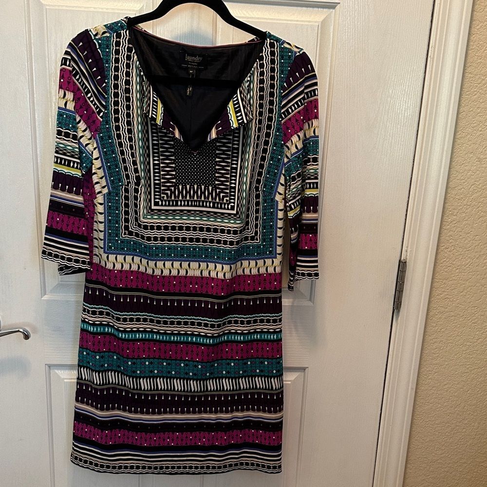 Laundry By Shelli Segal Multi Color Printed Dress 3/4 Sleeve Workwear Size MP